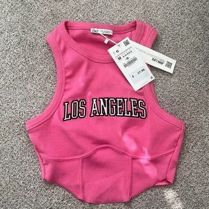ZARA EMBROIDERED SLOGAN TOP Los Angeles NEW NWT pink Medium
